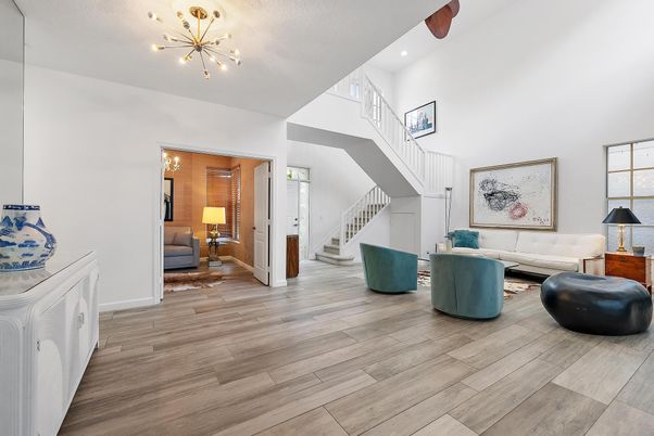 Interior, Living room, Pendant Lights, Recessed Lighting, Wood Texture Flooring