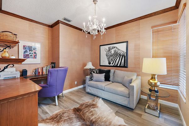 Chandelier, Home Office, Interior, Wood Texture Flooring