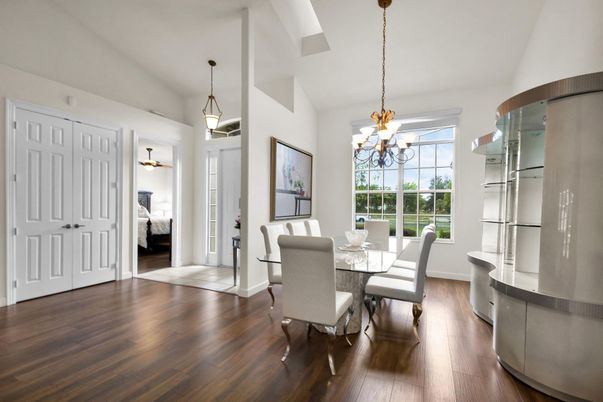 Bedroom, Chandelier, Dining room, Interior, Pendant Lights, Wood Texture Flooring