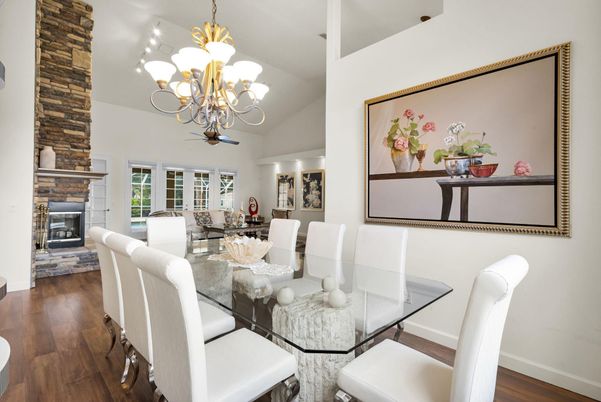 Chandelier, Dining room, Fireplace, Interior, Living room, Wood Texture Flooring