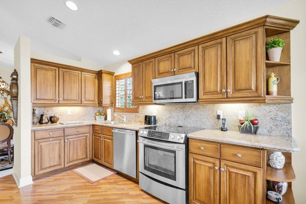 Interior, Kitchen, Recessed Lighting, Stainless Steel Appliances, Wood Texture Flooring