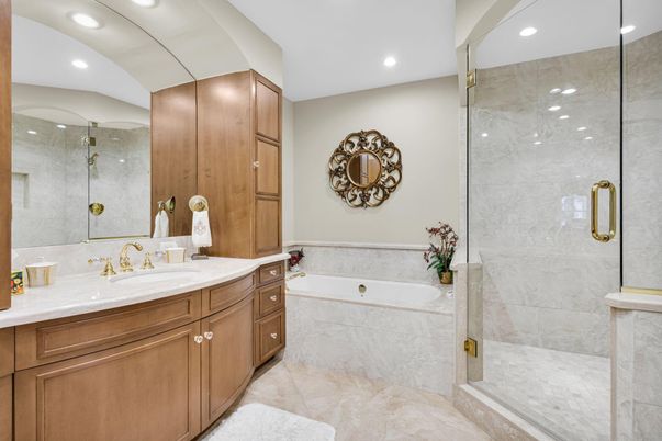 Bathroom, Glass Shower, Interior, Marble Walls, Recessed Lighting
