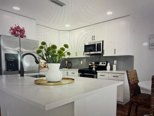 Interior, Kitchen, Recessed Lighting, Stainless Steel Appliances, Wood Texture Flooring