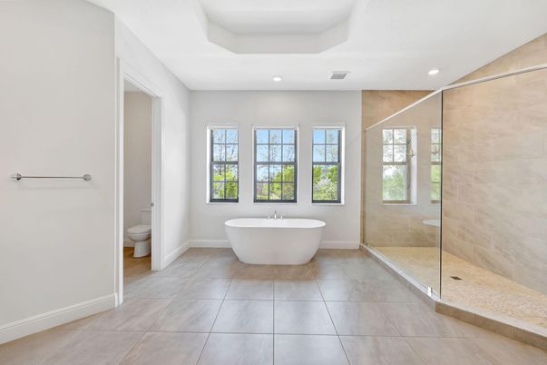 Bathroom, Free Standing Baths, Glass Shower, Interior, Recessed Lighting