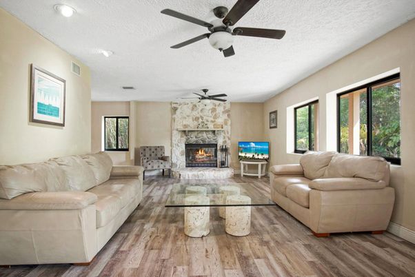 Fireplace, Interior, Living room, Recessed Lighting, Wood Texture Flooring