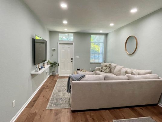 Interior, Living room, Recessed Lighting, Wood Texture Flooring