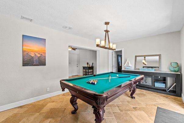 Billiard Table, Chandelier, Game Room, Interior, Pendant Lights