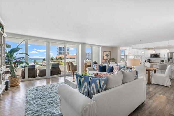 Dining room, Interior, Kitchen, Living room, Pendant Lights, Stainless Steel Appliances, Water, Wood Texture Flooring