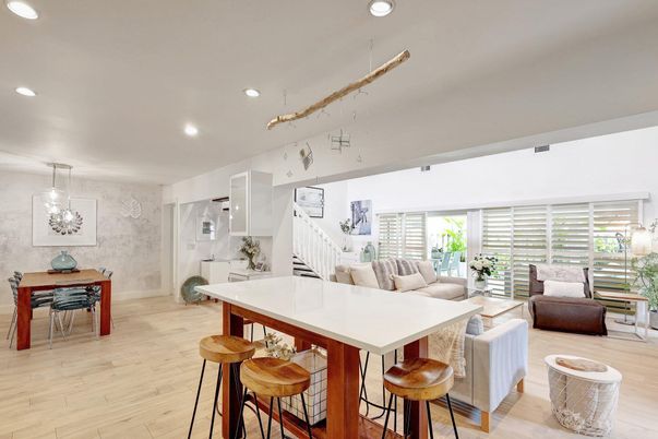 Dining room, Interior, Kitchen, Living room, Pendant Lights, Recessed Lighting, Wood Texture Flooring