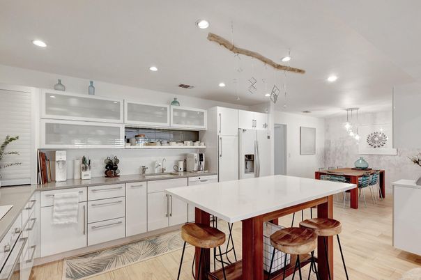 Interior, Kitchen, Pendant Lights, Recessed Lighting, Wood Texture Flooring