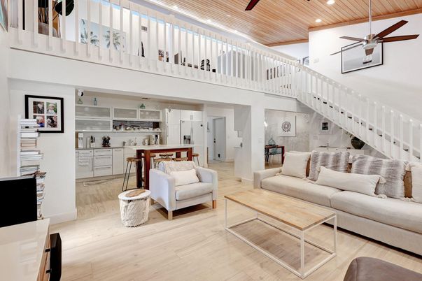 Interior, Kitchen, Living room, Pendant Lights, Recessed Lighting, Wooden Ceilings, Wood Texture Flooring