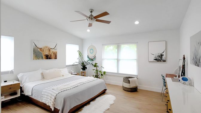 Bedroom, Interior, Recessed Lighting, Wood Texture Flooring