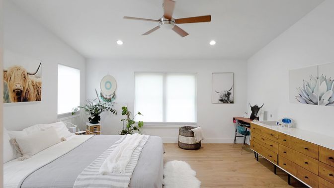 Bedroom, Interior, Recessed Lighting, Wood Texture Flooring