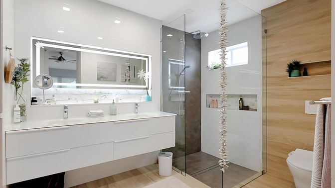 Bathroom, Glass Shower, Interior, Recessed Lighting, Wood Texture Flooring