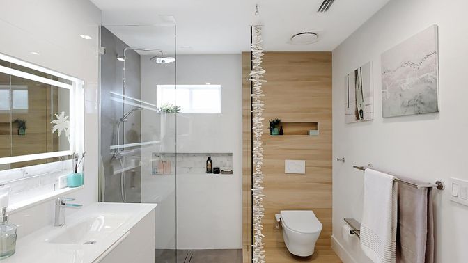 Bathroom, Glass Shower, Interior, Recessed Lighting, Wood Texture Flooring, Wooden Walls