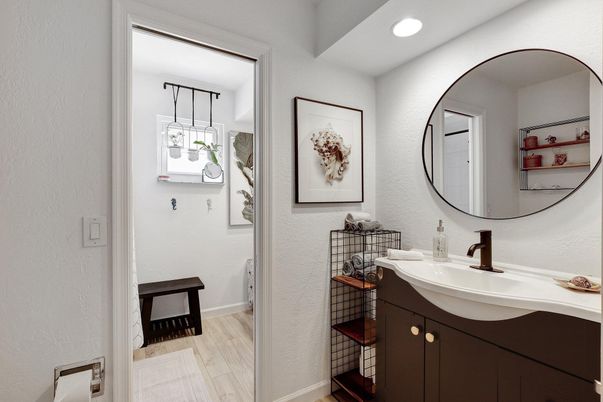 Bathroom, Interior, Recessed Lighting, Wood Texture Flooring