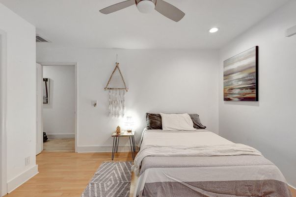 Bedroom, Interior, Recessed Lighting, Wood Texture Flooring