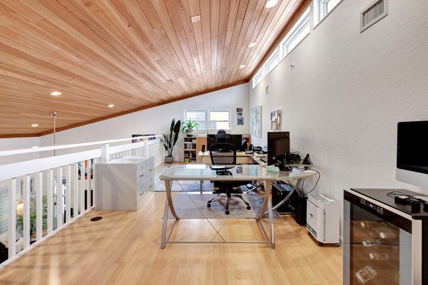 Home Office, Interior, Recessed Lighting, Wooden Ceilings, Wood Texture Flooring