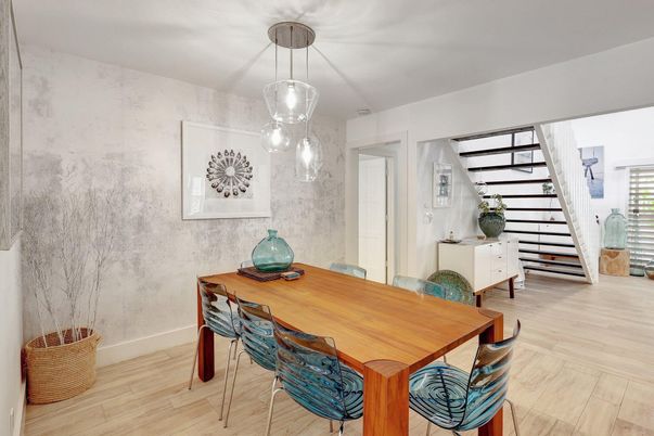 Dining room, Interior, Pendant Lights, Wood Texture Flooring