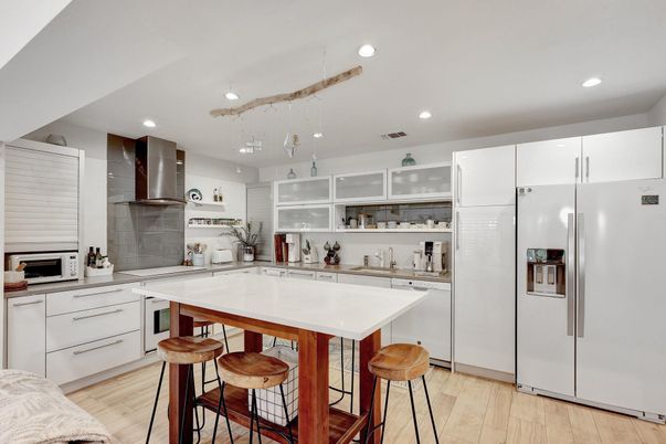 Interior, Kitchen, Pendant Lights, Recessed Lighting, Stainless Steel Appliances, Wood Texture Flooring