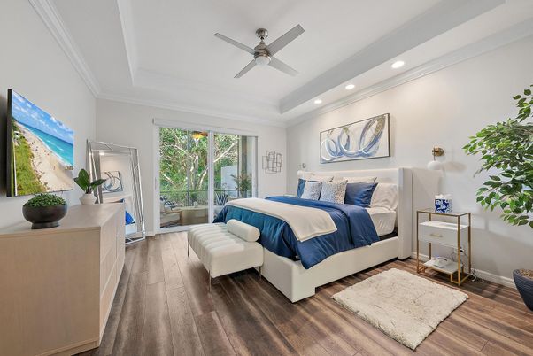 Bedroom, Interior, Recessed Lighting, Wood Texture Flooring