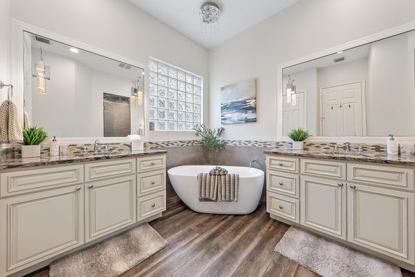 Bathroom, Dual Sink Vanities, Free Standing Baths, Interior, Recessed Lighting, Wood Texture Flooring