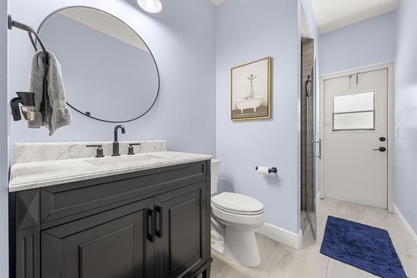 Bathroom, Glass Shower, Interior, Wood Texture Flooring