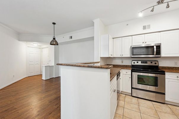 Interior, Kitchen, Pendant Lights, Stainless Steel Appliances, Wood Texture Flooring