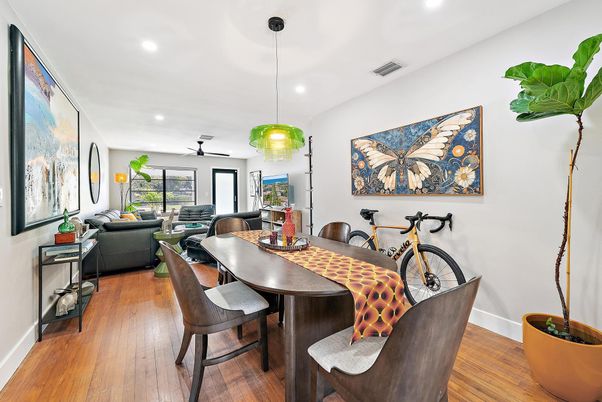 Dining room, Interior, Living room, Pendant Lights, Recessed Lighting, Wood Texture Flooring