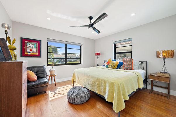 Bedroom, Interior, Recessed Lighting, Wood Texture Flooring