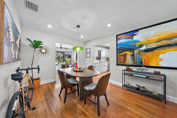 Dining room, Interior, Pendant Lights, Recessed Lighting, Wood Texture Flooring