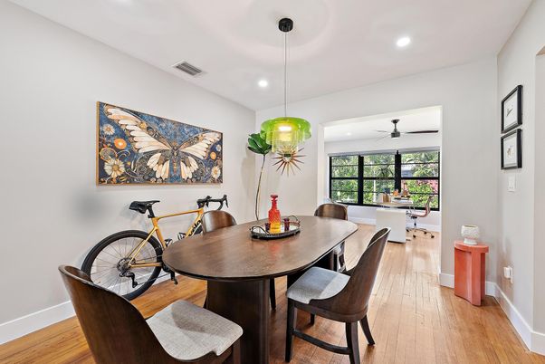 Dining room, Interior, Pendant Lights, Recessed Lighting, Wood Texture Flooring