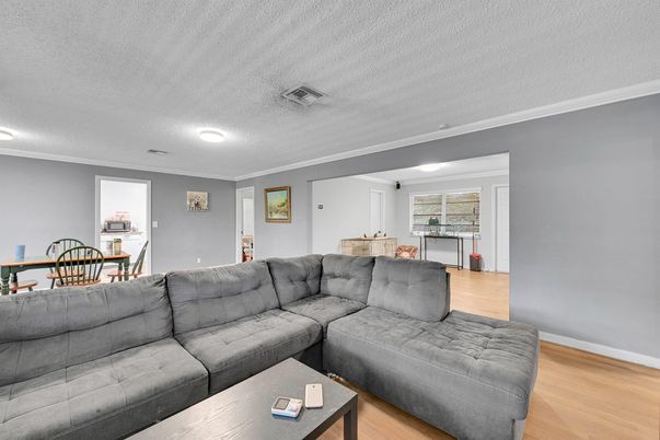 Dining room, Interior, Living room, Recessed Lighting, Wood Texture Flooring