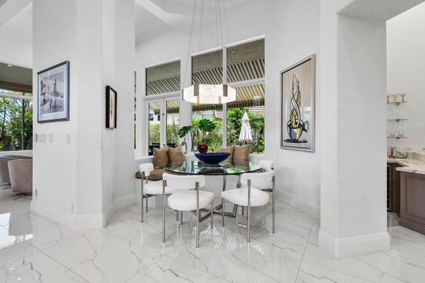 Dining room, Interior, Marble, Pendant Lights