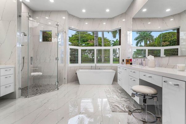Bathroom, Free Standing Baths, Glass Shower, Interior, Marble, Marble Walls, Recessed Lighting