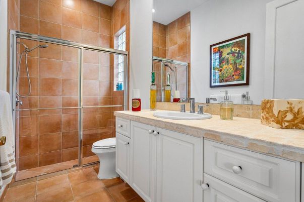 Bathroom, Glass Shower, Interior, Recessed Lighting, Tile Countertops