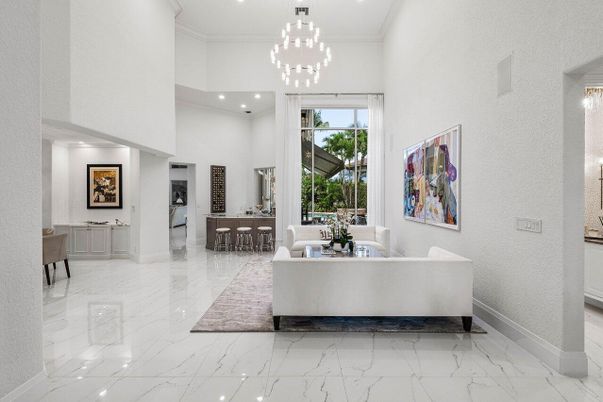 Dining room, Interior, Living room, Marble, Pendant Lights, Recessed Lighting
