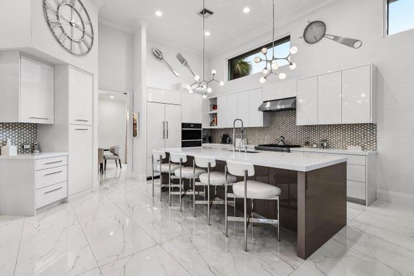 Interior, Kitchen, Marble, Pendant Lights, Recessed Lighting, Stainless Steel Appliances