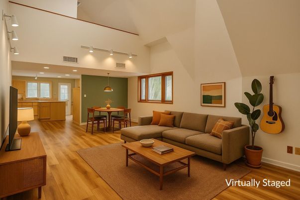 Dining room, Interior, Living room, Pendant Lights, Recessed Lighting, Wood Texture Flooring