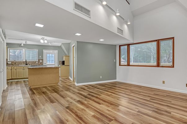 Empty room, Interior, Kitchen, Recessed Lighting, Wood Texture Flooring