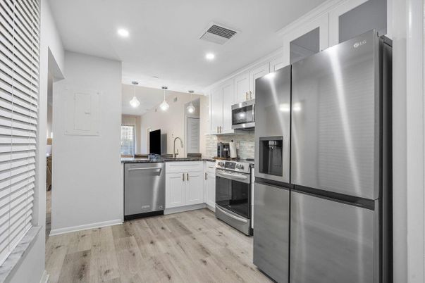 Interior, Kitchen, Pendant Lights, Recessed Lighting, Stainless Steel Appliances, Wood Texture Flooring