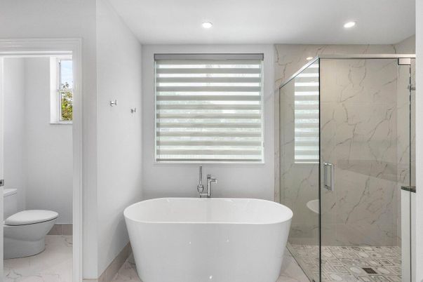 Bathroom, Free Standing Baths, Glass Shower, Interior, Marble, Marble Walls, Recessed Lighting