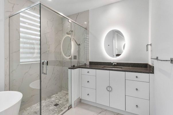 Bathroom, Free Standing Baths, Glass Shower, Interior, Marble, Marble Walls, Recessed Lighting