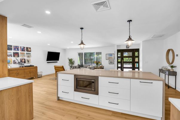 Dining room, Interior, Kitchen, Pendant Lights, Recessed Lighting, Wood Texture Flooring
