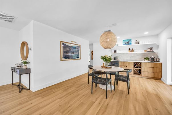 Dining room, Interior, Recessed Lighting, Wood Texture Flooring