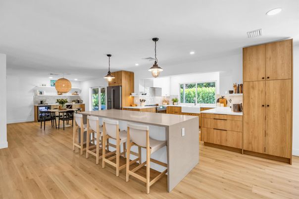 Dining room, Interior, Kitchen, Pendant Lights, Recessed Lighting, Wood Texture Flooring