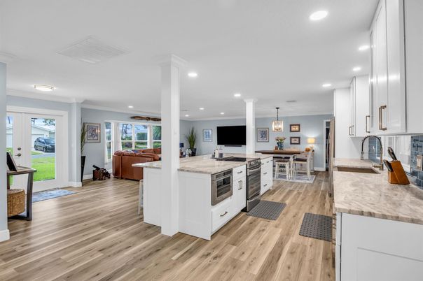 Dining room, Interior, Kitchen, Living room, Pendant Lights, Recessed Lighting, Wood Texture Flooring