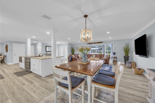 Dining room, Interior, Kitchen, Living room, Pendant Lights, Recessed Lighting, Wood Texture Flooring