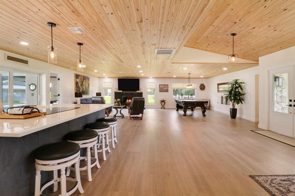 Billiard Table, Fireplace, Game Room, Interior, Pendant Lights, Recessed Lighting, Wooden Ceilings, Wood Texture Flooring