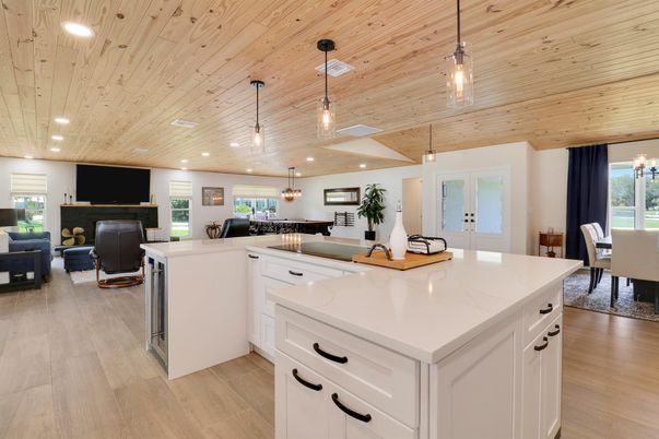 Dining room, Interior, Kitchen, Living room, Pendant Lights, Recessed Lighting, Wooden Ceilings, Wood Texture Flooring